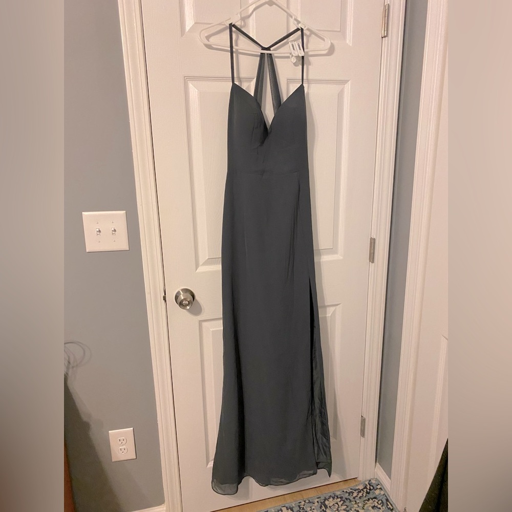 Brand New Azazie Manila Pewter floor length chiffon bridesmaid dress size 8